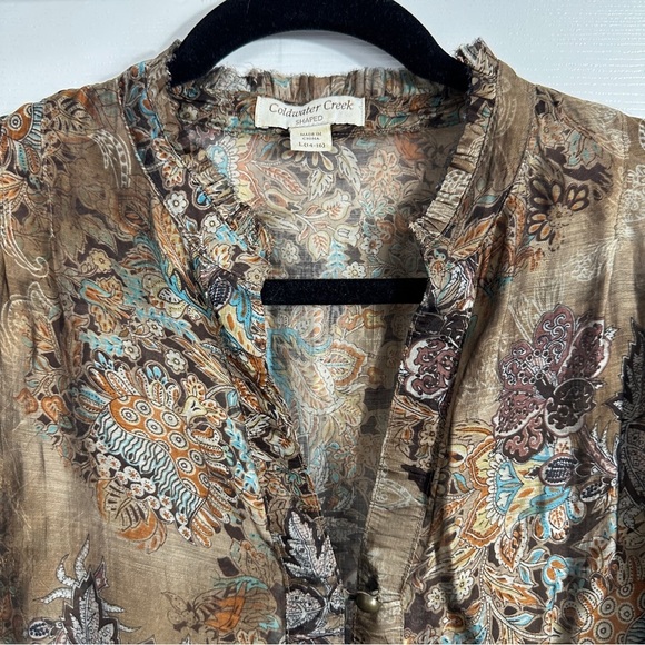 Coldwater Creek sz. L (14-16) sheer blouse, button front, brown floral, fall - Picture 8 of 12